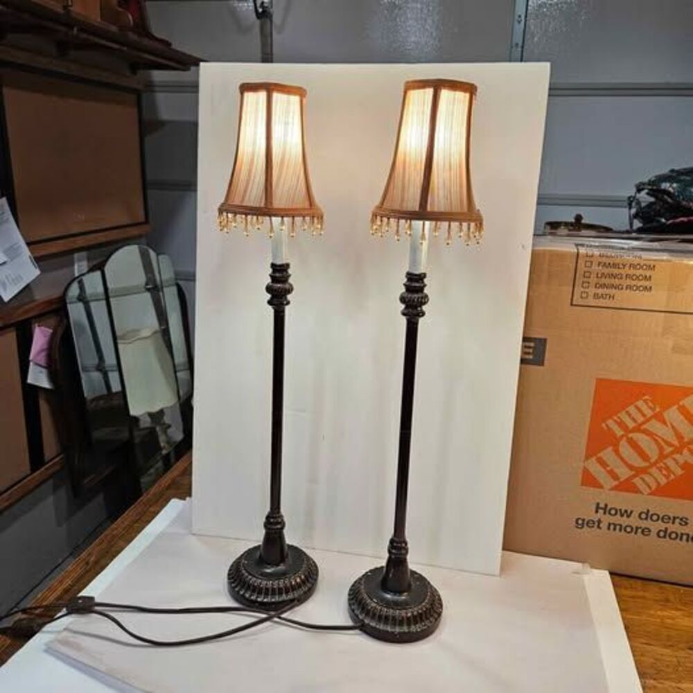 Pair of Bronze-Tone Buffet Lamps with Beaded Shades
